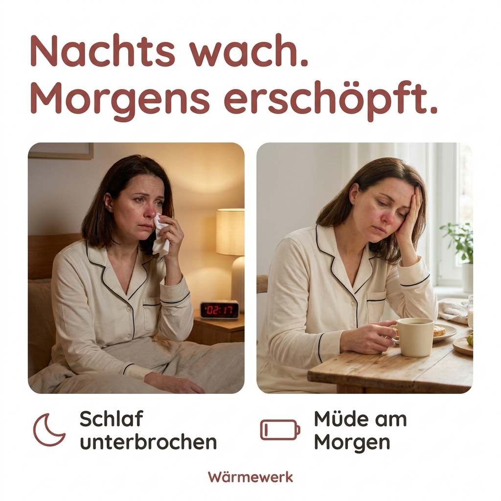Nachts wach. Morgens erschöpft. Schlaf unterbrochen. Müde am Morgen.